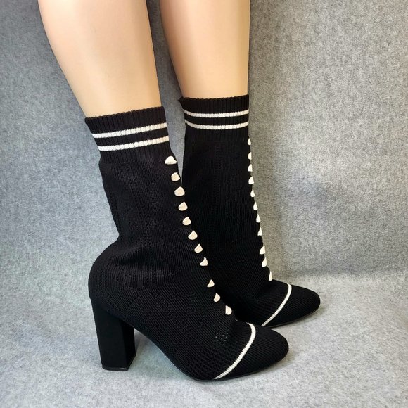 Adorable Mid Calf Black & White Stretchy Sock Boot With 3.5" Block Heels - Picture 3 of 6